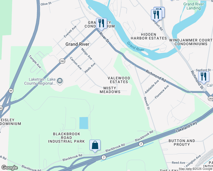 map of restaurants, bars, coffee shops, grocery stores, and more near 655 Meadowlark Road in Painesville