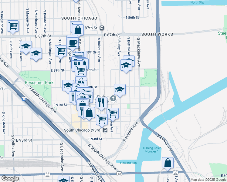 map of restaurants, bars, coffee shops, grocery stores, and more near 9010 South Burley Avenue in Chicago