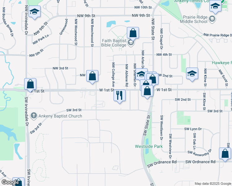 map of restaurants, bars, coffee shops, grocery stores, and more near 1937 West 1st Street in Ankeny