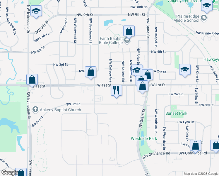 map of restaurants, bars, coffee shops, grocery stores, and more near 1937 West 1st Street in Ankeny