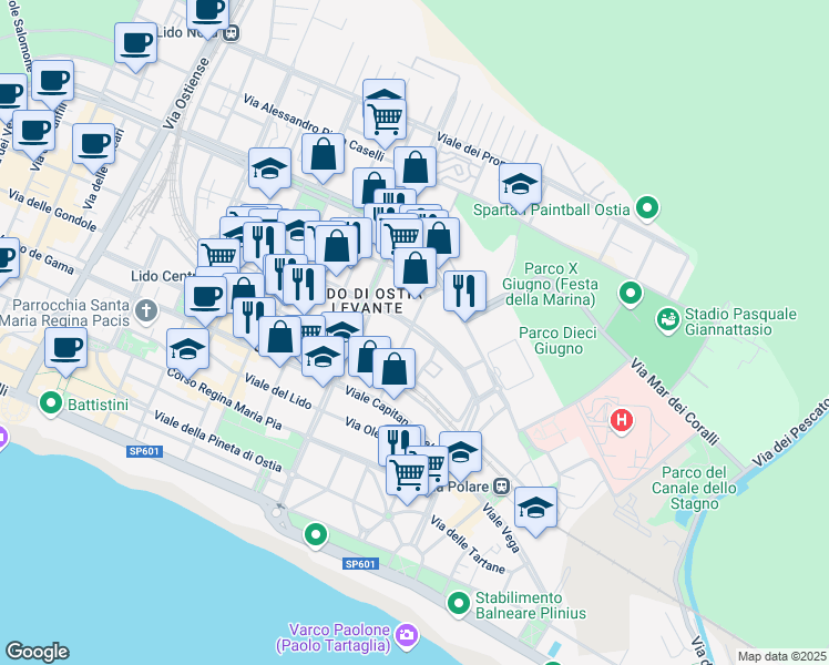 map of restaurants, bars, coffee shops, grocery stores, and more near 46 Via Ferdinando Acton in Lido di Ostia