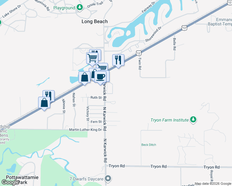 map of restaurants, bars, coffee shops, grocery stores, and more near 18 Karwick Glen Drive in Michigan City
