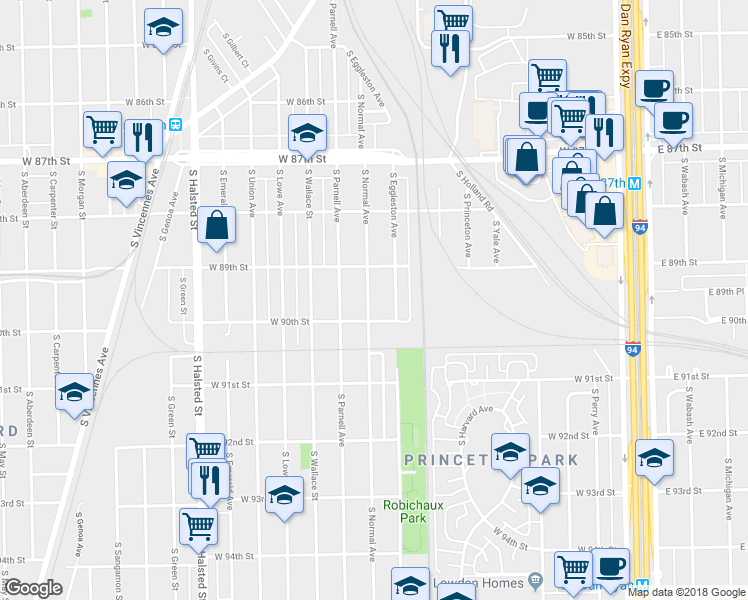 map of restaurants, bars, coffee shops, grocery stores, and more near 8937 South Normal Avenue in Chicago