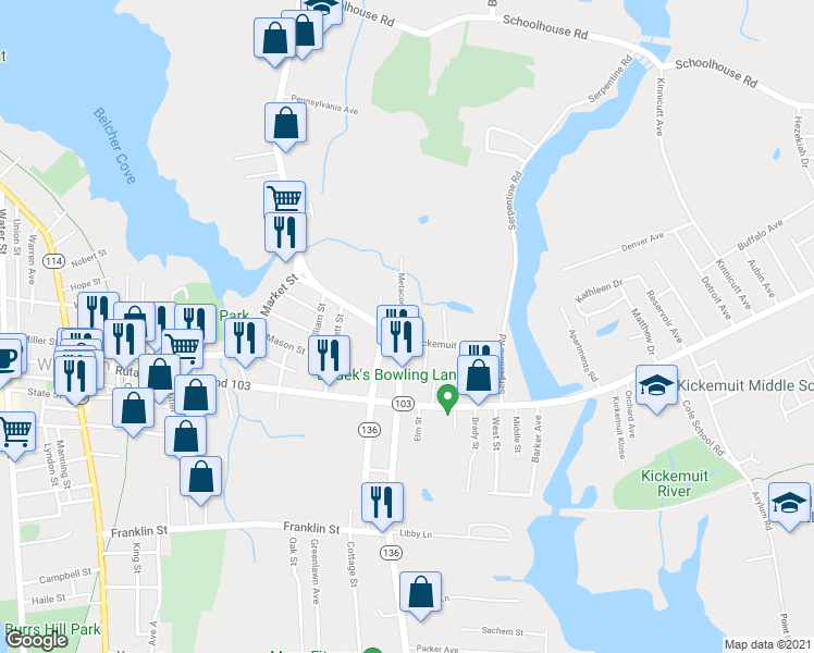 map of restaurants, bars, coffee shops, grocery stores, and more near 278 Metacom Avenue in Warren