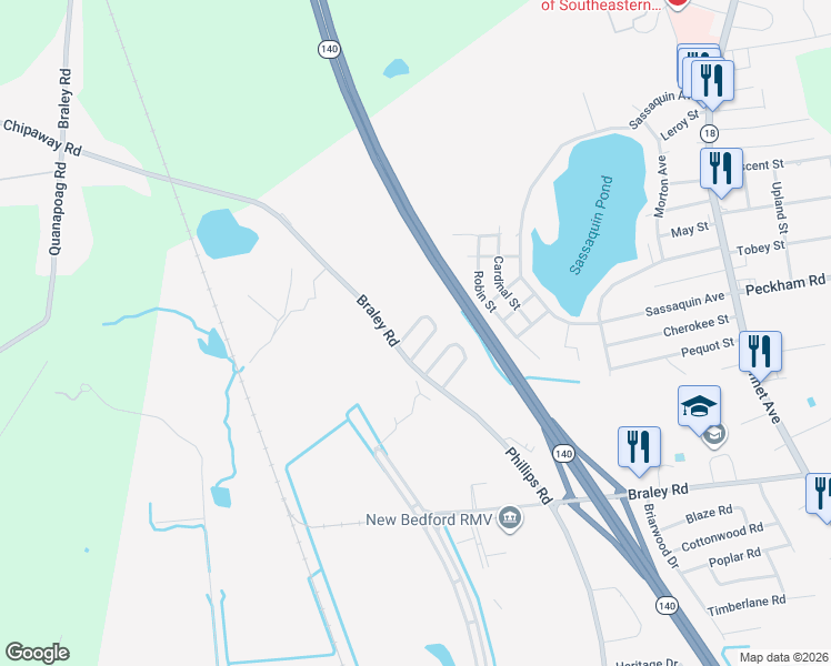 map of restaurants, bars, coffee shops, grocery stores, and more near 81 Susan St in New Bedford