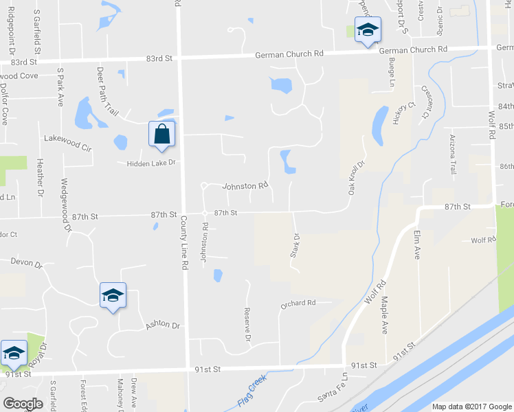 map of restaurants, bars, coffee shops, grocery stores, and more near 8691 Castle Court in Burr Ridge