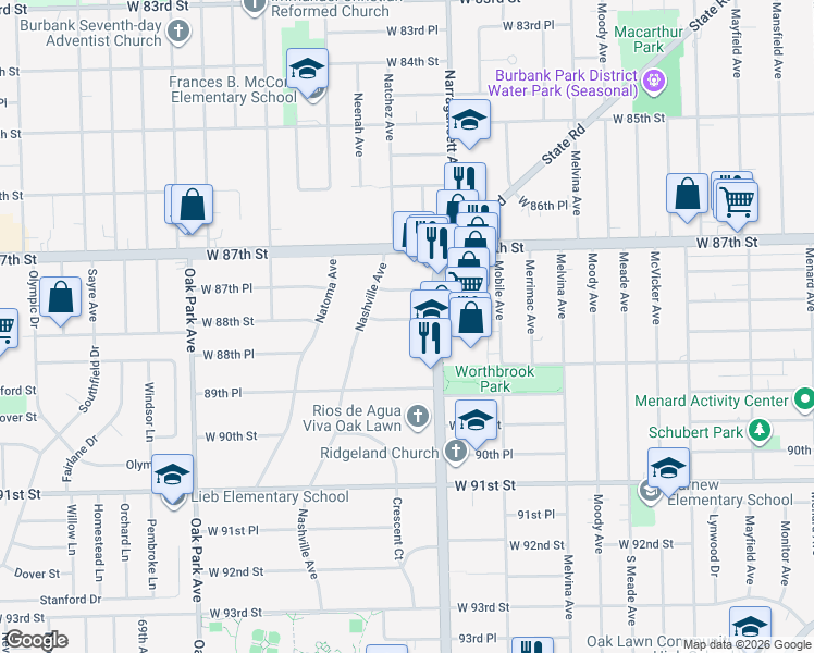 map of restaurants, bars, coffee shops, grocery stores, and more near 6427 West 88th Street in Oak Lawn