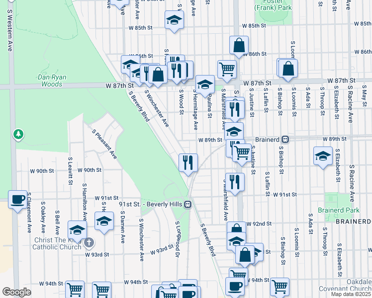map of restaurants, bars, coffee shops, grocery stores, and more near 8919 South Winchester Avenue in Chicago