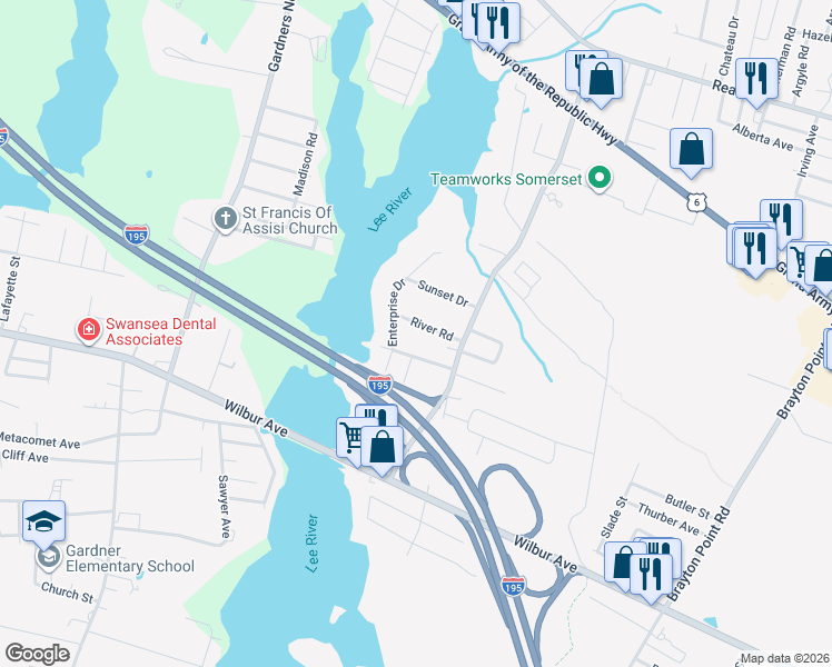 map of restaurants, bars, coffee shops, grocery stores, and more near 115 River Road in Somerset