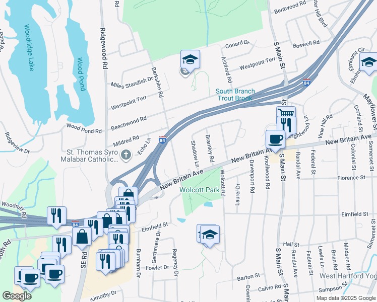 map of restaurants, bars, coffee shops, grocery stores, and more near 23 Shadow Lane in West Hartford