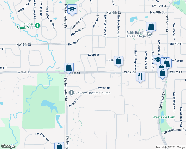 map of restaurants, bars, coffee shops, grocery stores, and more near 101 Southwest Cedarwood Drive in Ankeny