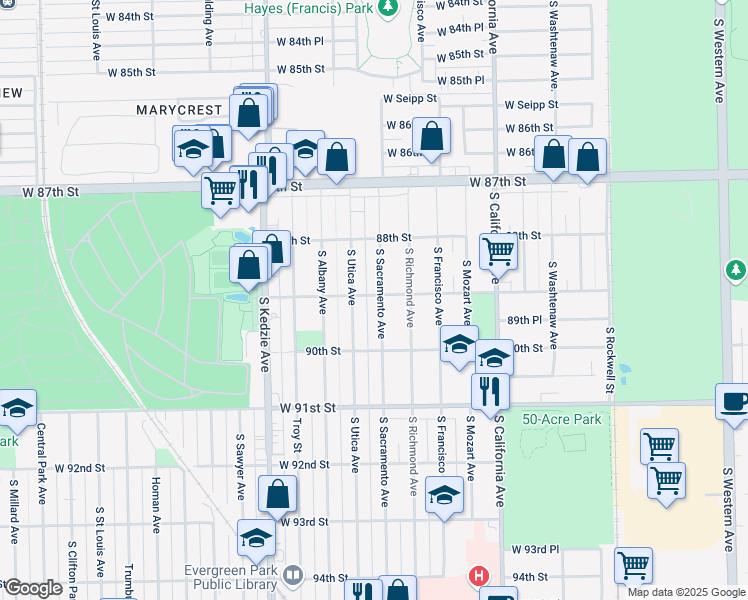 map of restaurants, bars, coffee shops, grocery stores, and more near 8900 South Sacramento Avenue in Evergreen Park