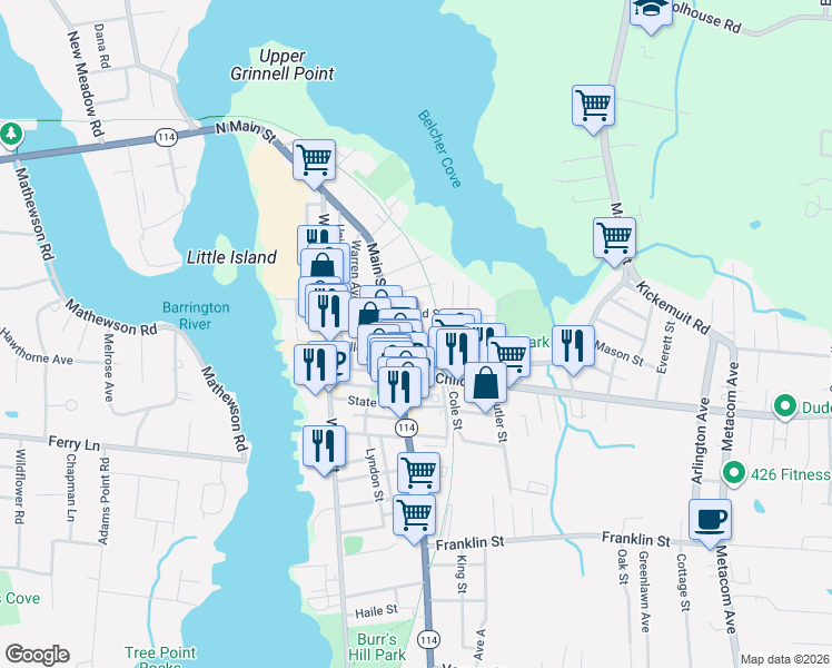 map of restaurants, bars, coffee shops, grocery stores, and more near 19 Barney Street in Warren