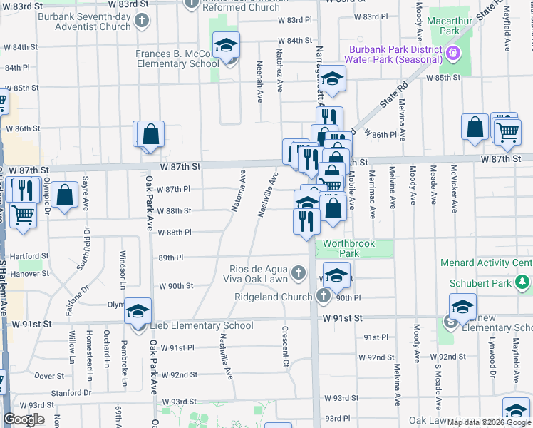 map of restaurants, bars, coffee shops, grocery stores, and more near 6457 West 88th Street in Oak Lawn