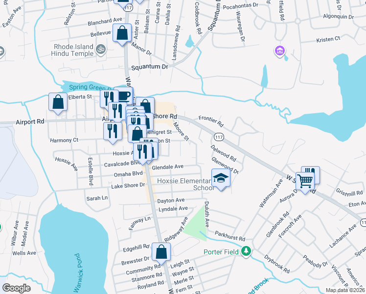 map of restaurants, bars, coffee shops, grocery stores, and more near 14 Gateway Court in Warwick