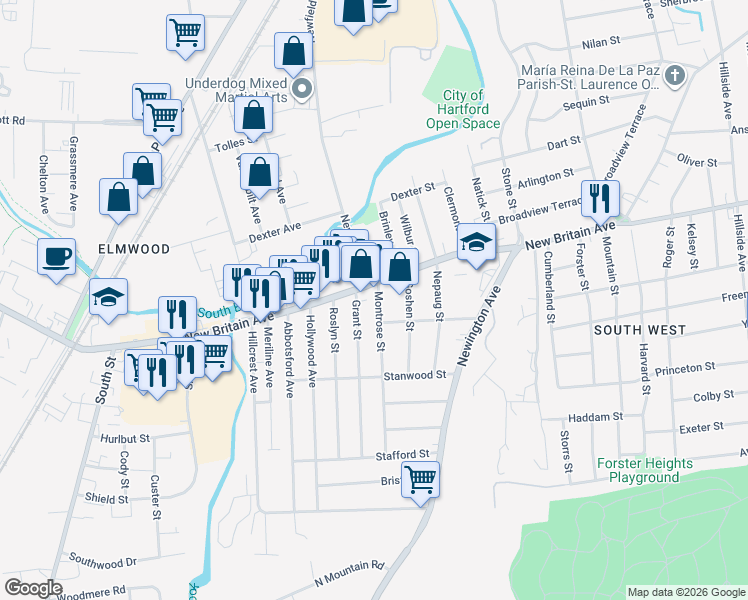 map of restaurants, bars, coffee shops, grocery stores, and more near 15 Montrose Street in Hartford