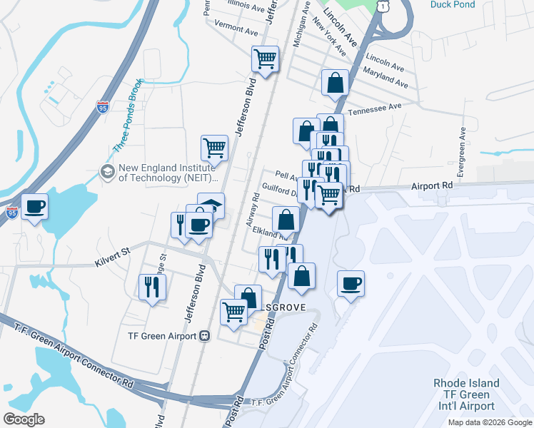 map of restaurants, bars, coffee shops, grocery stores, and more near 55 Haverford Rd in Warwick
