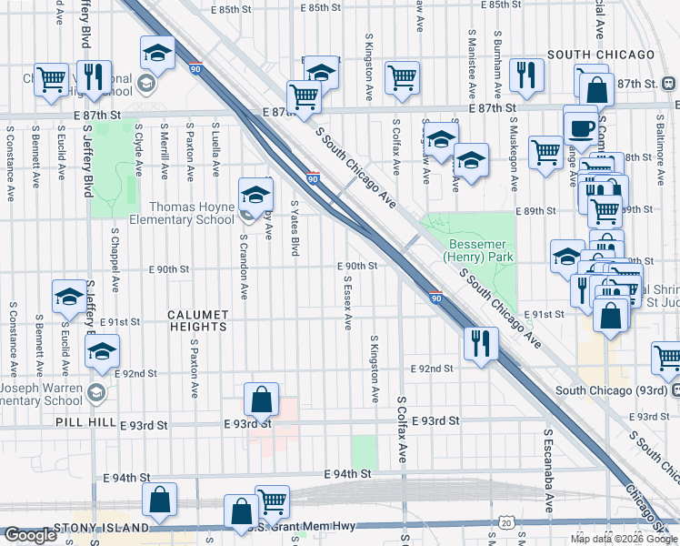 map of restaurants, bars, coffee shops, grocery stores, and more near 9004 S Essex Ave in Chicago