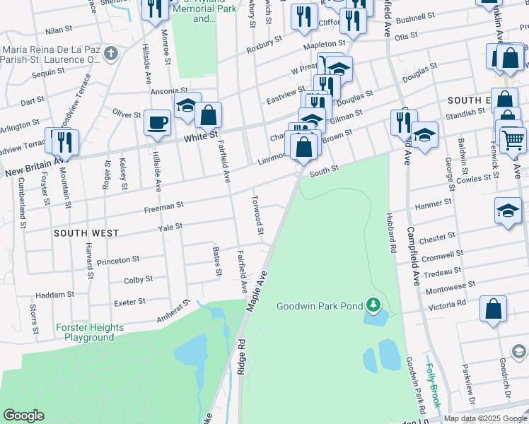 map of restaurants, bars, coffee shops, grocery stores, and more near 31 Griswold Street in Hartford