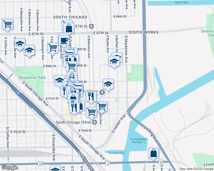 map of restaurants, bars, coffee shops, grocery stores, and more near 9010 South Burley Avenue in Chicago