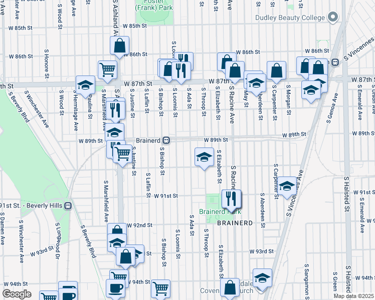 map of restaurants, bars, coffee shops, grocery stores, and more near 8920 South Ada Street in Chicago