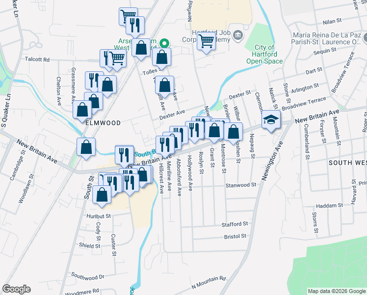 map of restaurants, bars, coffee shops, grocery stores, and more near 922 New Britain Avenue in West Hartford