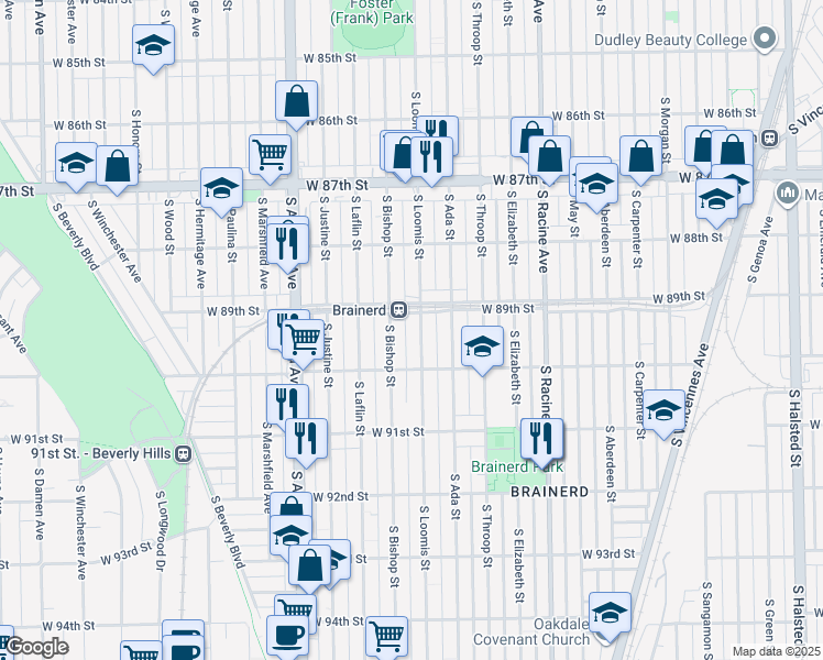 map of restaurants, bars, coffee shops, grocery stores, and more near 8920 South Loomis Street in Chicago