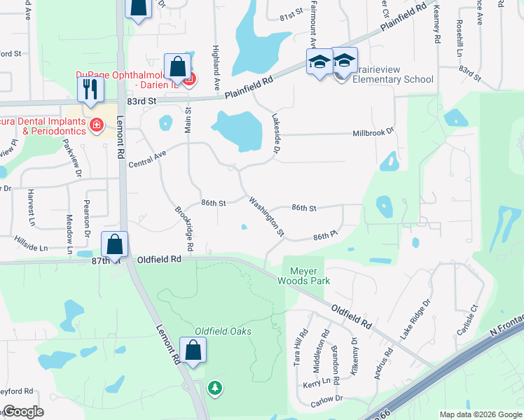 map of restaurants, bars, coffee shops, grocery stores, and more near 8588 Washington Street in Downers Grove