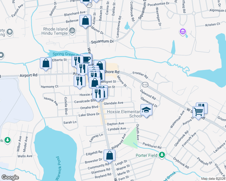map of restaurants, bars, coffee shops, grocery stores, and more near 11 Anoka Road in Warwick
