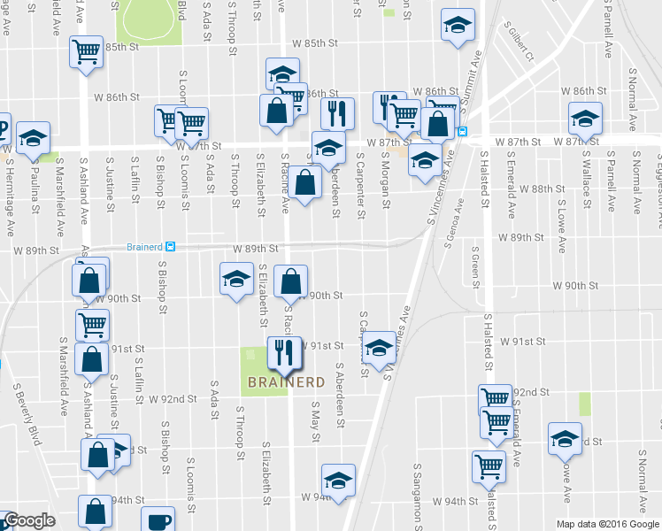 map of restaurants, bars, coffee shops, grocery stores, and more near 8922 S Aberdeen St in Chicago