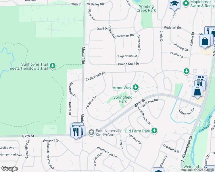 map of restaurants, bars, coffee shops, grocery stores, and more near 1946 Templar Drive in Naperville
