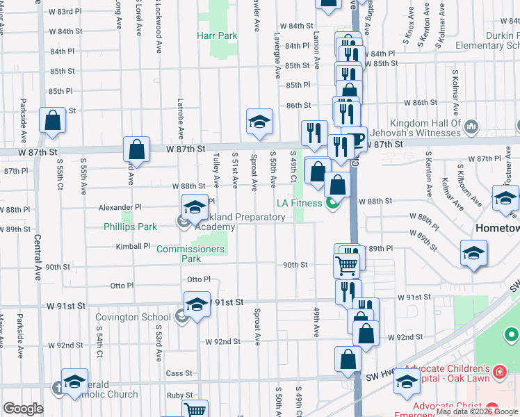 map of restaurants, bars, coffee shops, grocery stores, and more near 8829 Sproat Avenue in Oak Lawn