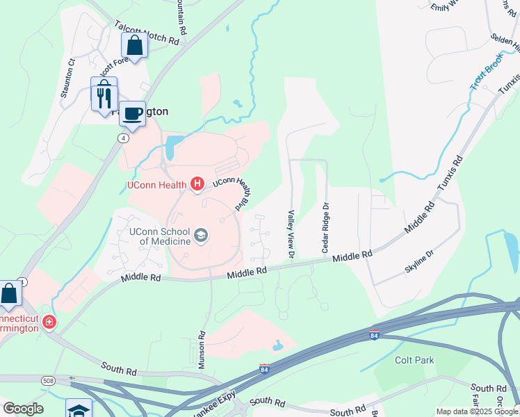 map of restaurants, bars, coffee shops, grocery stores, and more near 42 Grassy Hill Road in Farmington