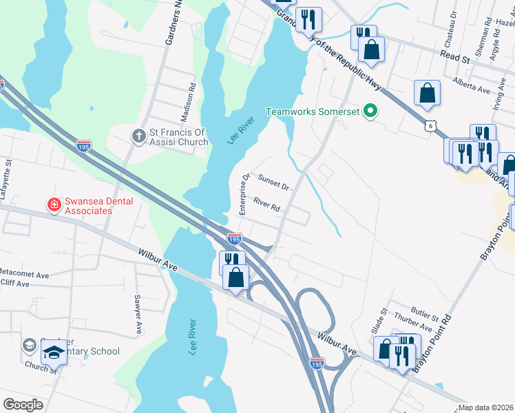 map of restaurants, bars, coffee shops, grocery stores, and more near 115 River Road in Somerset