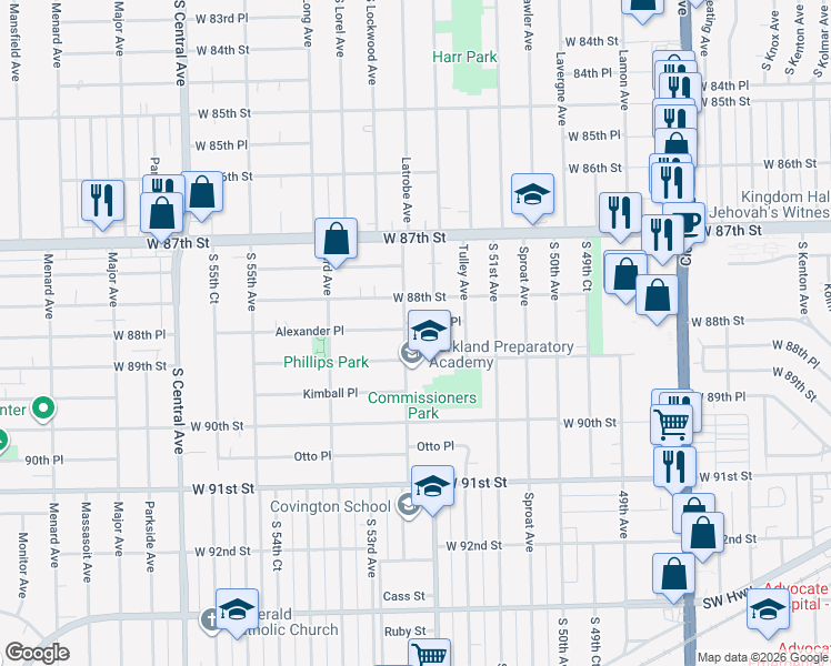 map of restaurants, bars, coffee shops, grocery stores, and more near 8835 South 52nd Avenue in Oak Lawn