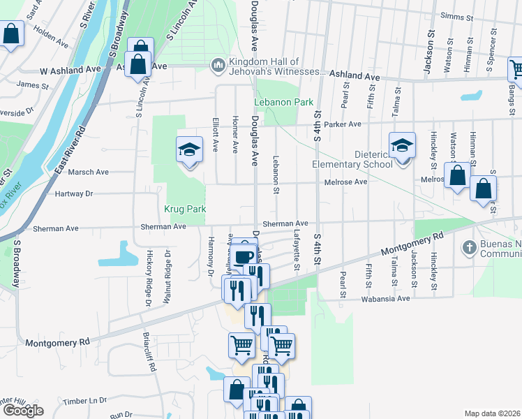 map of restaurants, bars, coffee shops, grocery stores, and more near 1230 Douglas Avenue in Montgomery