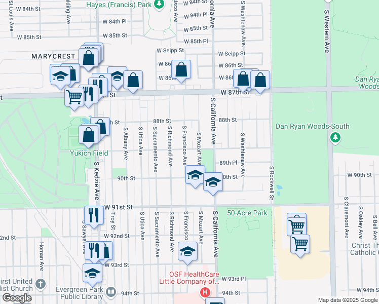 map of restaurants, bars, coffee shops, grocery stores, and more near 8901 South Francisco Avenue in Evergreen Park