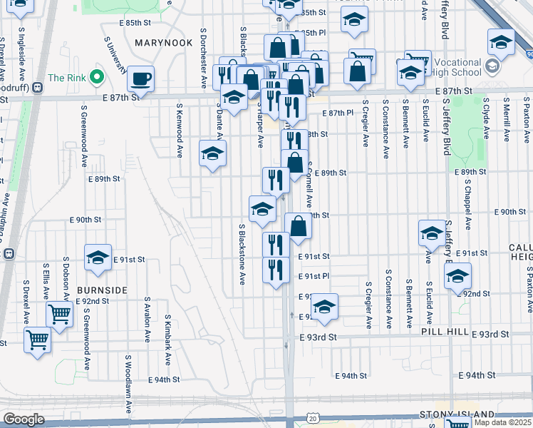 map of restaurants, bars, coffee shops, grocery stores, and more near 8959 South Harper Avenue in Chicago