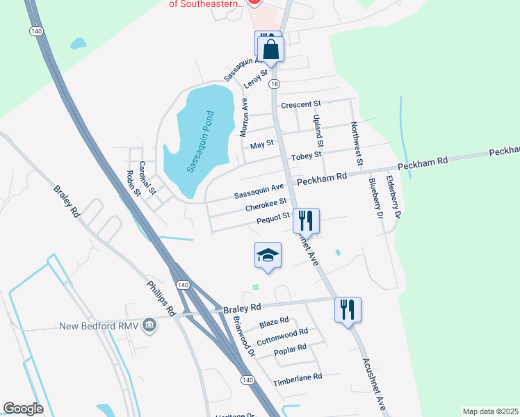 map of restaurants, bars, coffee shops, grocery stores, and more near 1056 Cherokee St in New Bedford