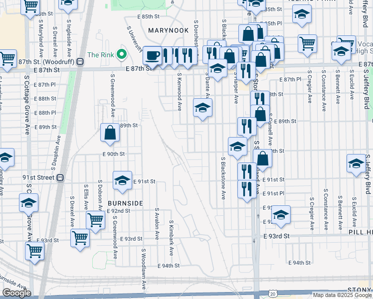 map of restaurants, bars, coffee shops, grocery stores, and more near 1344 East 90th Street in Chicago