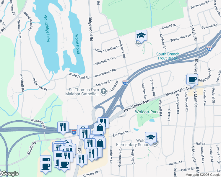 map of restaurants, bars, coffee shops, grocery stores, and more near 21 Echo Lane in West Hartford