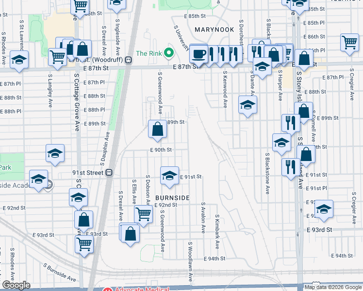 map of restaurants, bars, coffee shops, grocery stores, and more near 1148 East 90th Street in Chicago