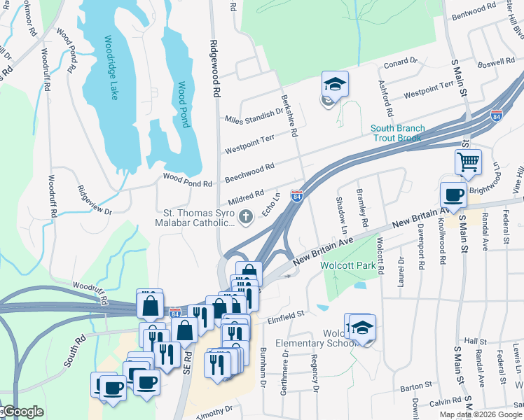 map of restaurants, bars, coffee shops, grocery stores, and more near 21 Echo Lane in West Hartford