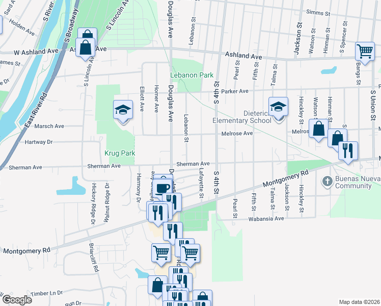 map of restaurants, bars, coffee shops, grocery stores, and more near 1232 Lebanon Street in Montgomery
