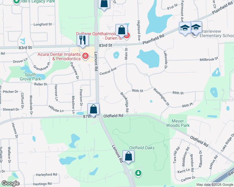 map of restaurants, bars, coffee shops, grocery stores, and more near 8532 Brookridge Road in Downers Grove