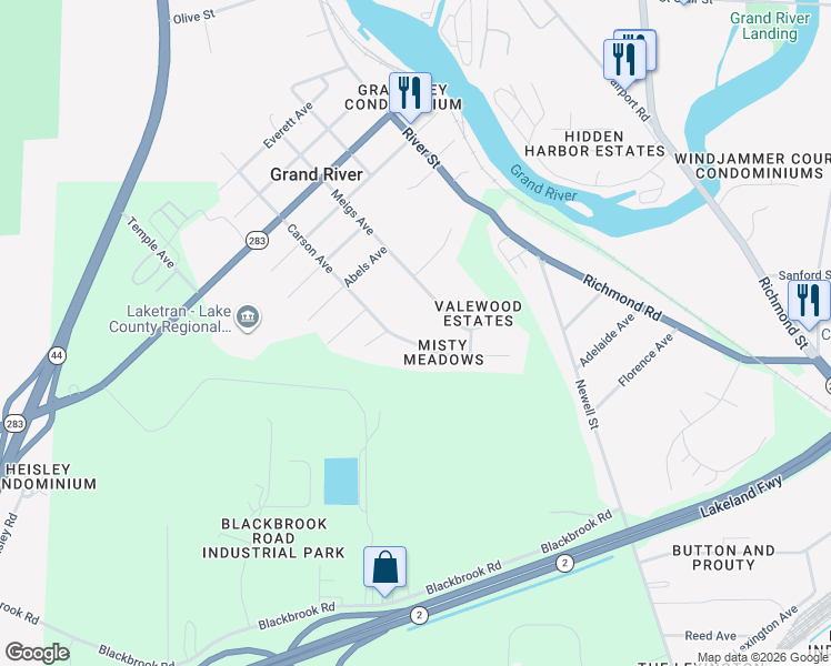 map of restaurants, bars, coffee shops, grocery stores, and more near 655 Meadowlark Road in Painesville