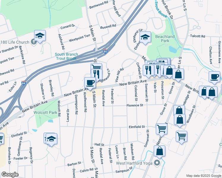 map of restaurants, bars, coffee shops, grocery stores, and more near 1221 New Britain Avenue in West Hartford