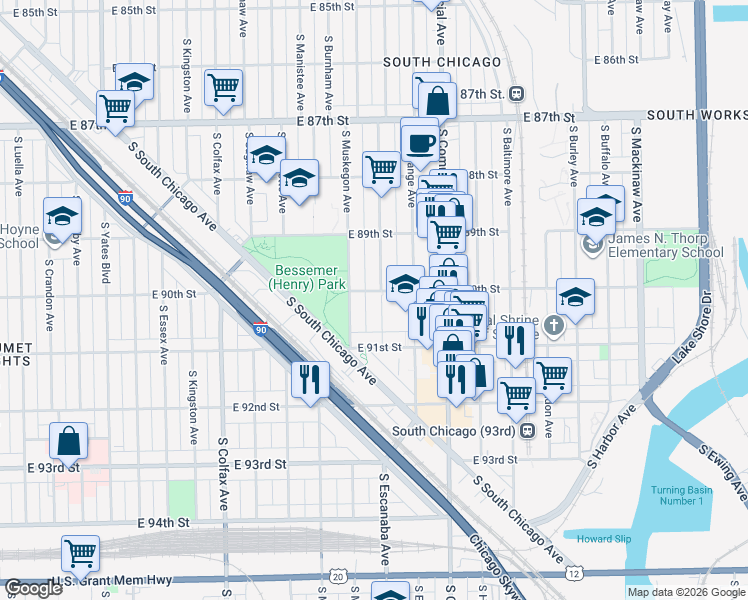map of restaurants, bars, coffee shops, grocery stores, and more near 9006 South Escanaba Avenue in Chicago