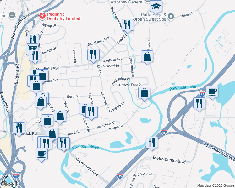 map of restaurants, bars, coffee shops, grocery stores, and more near 25 Eastgate Drive in Warwick