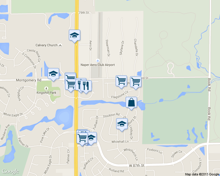map of restaurants, bars, coffee shops, grocery stores, and more near 2775 Flagstone Circle in Naperville